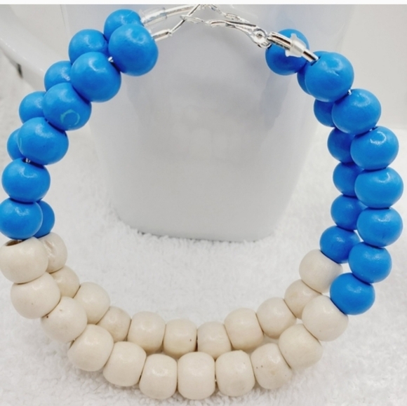 Large hoop earrings, large wooden bead earrings, earrings with blue and white3.0 - Picture 8 of 9